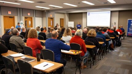 A large group of people are sitting in a classroom listening to a speaker