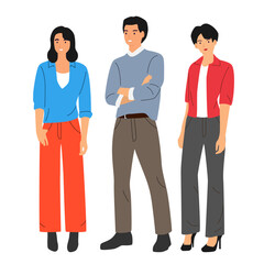 Fototapeta premium Set of man and two women stand, couple, different colors, cartoon character, silhouettes standing people, fashion model, design concept flat icon, hand draw vector illustration, isolated on white