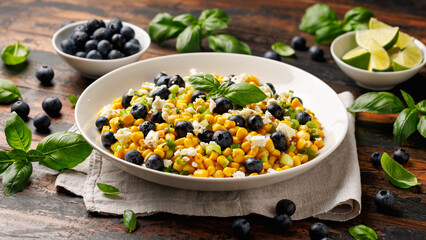 Blueberry Corn Feta Salad in white plate on wooden table. Healthy food