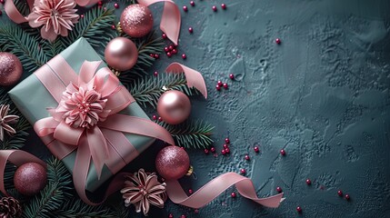 elegant pink christmas composition,gifts baubles,ribbons festive flat lay on gray background modern luxury design,copy space ideal for cards banners,posters.photo