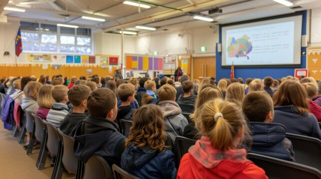 A large group of children sit in a classroom