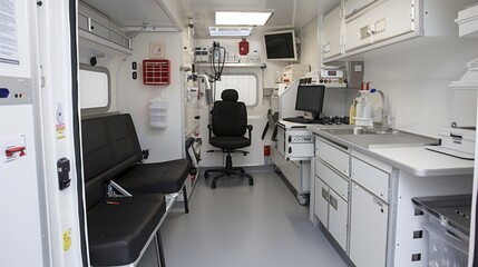 A small white van with a black chair and a computer monitor