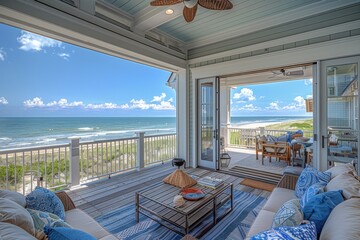 Beach house patio with furniture and a view of the ocean