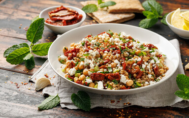 Pearl Couscous salad with sun dried tomatoes, chickpeas and feta cheese. healthy food