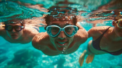 Naklejka premium Friends Snorkeling Underwater in Clear Sea 