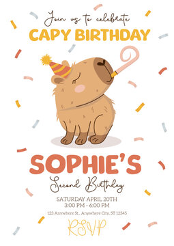 Capy Birthday invitation template in hand-drawn style with cute capybara in hat, confetti and pipe. Happy birthday concept. Amusing capibara character. Vector illustration for party, event.