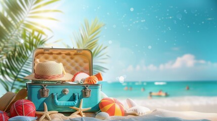 Fototapeta premium Creative summer travel concept with an open suitcase packed with beach items and palm trees, on a sandy beach background, fun and inviting, symbolizing vacation readiness