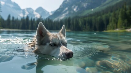 Siberian Husky Swimming in Pristine Mountain Lake
