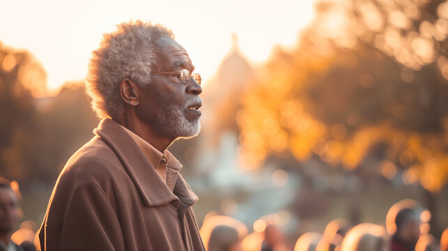 Elderly African American Man Contemplating During Sunset in Park - Powered by Adobe