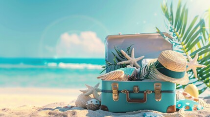 Creative summer travel concept with an open suitcase packed with beach items and palm trees, on a sandy beach background, fun and inviting, symbolizing vacation readiness