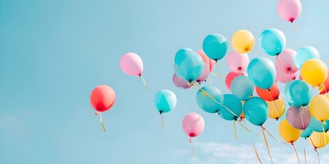 Colorful balloons flying in the sky vibrant celebration at festival or party. Concept Celebration Photography, Flying Balloons, Festive Atmosphere