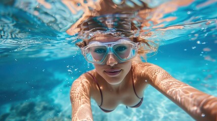 Fototapeta premium Woman Snorkeling Underwater in Clear Blue Ocean 