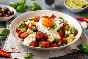 Sweet Potato and Chorizo Hash with egg, avocado and herbs.