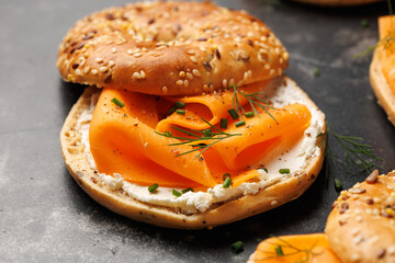Vegan smoked salmon bagel with cream cheese. Healthy food concept