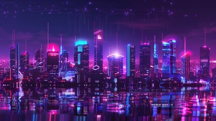 Obraz premium Futuristic cityscape with vibrant neon graphs and data bars in the foreground, skyline under a night sky, blending of urban life with advanced data analytics, in vivid purples and blues