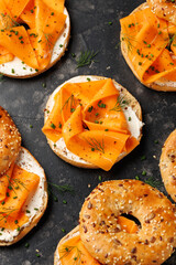 Vegan smoked salmon bagel with cream cheese. Healthy food concept