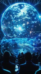 A global conference with delegates using holographic translators, tech, bright, clean, interconnected diplomacy