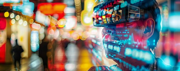 Obraz premium A global market with traders using augmented reality glasses, digital, colorful, mixed media, modern trade evolution