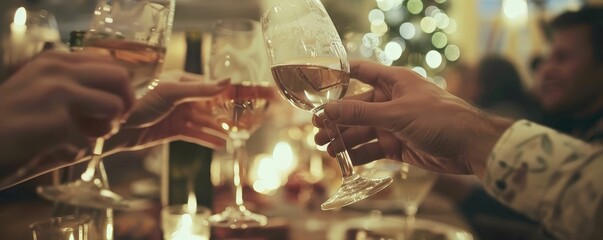 A birthday toast with friends clinking glasses, festive, warm tones, candid, celebratory moment