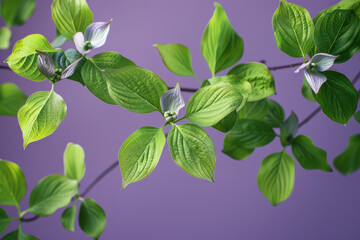 Vibrant Green Leaves on Purple Background Freshness and Nature Concept