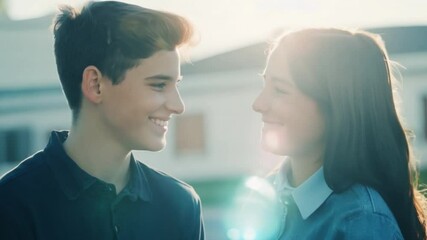 In a school, a boy and girl who are teenage pals are seated close to one another. 