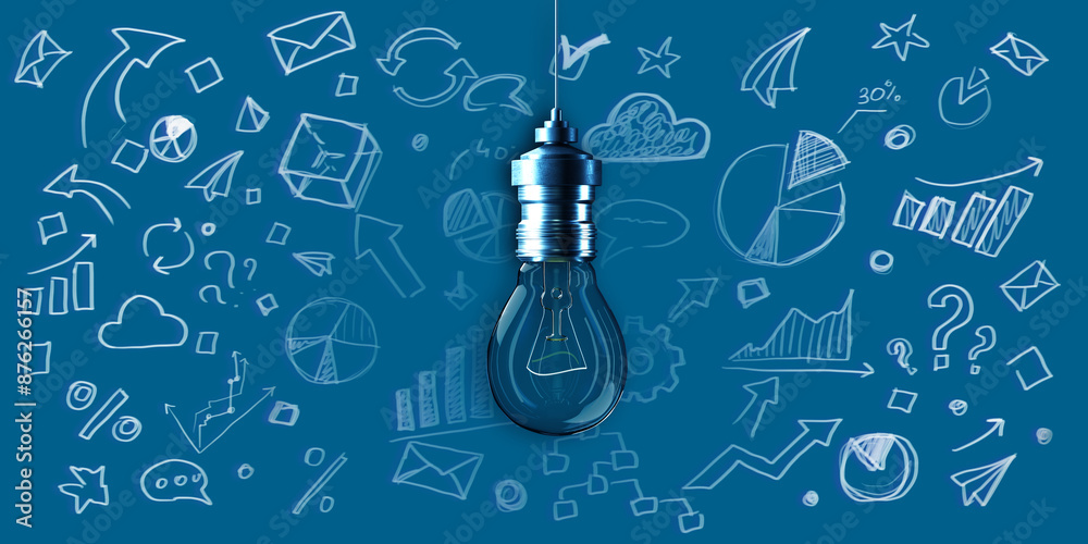 Poster creative business sketch with light bulb and other icons on blue wall background. creativity, idea a