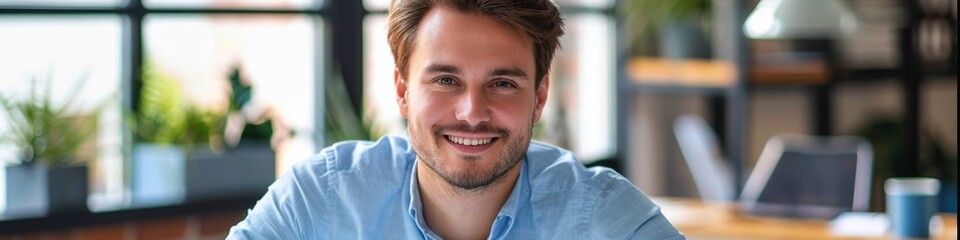 Fototapeta premium Portrait of a Successful and Confident Young Man in a Blue Shirt Working on a Laptop at Office Desk, Smiling at the Camera, Labor Day Overwork, AI-Generated High-Resolution Wallpaper