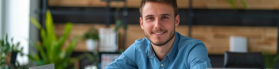 Obraz premium Portrait of a Successful and Confident Young Man in a Blue Shirt Working on a Laptop at Office Desk, Smiling at the Camera, Labor Day Overwork, AI-Generated High-Resolution Wallpaper