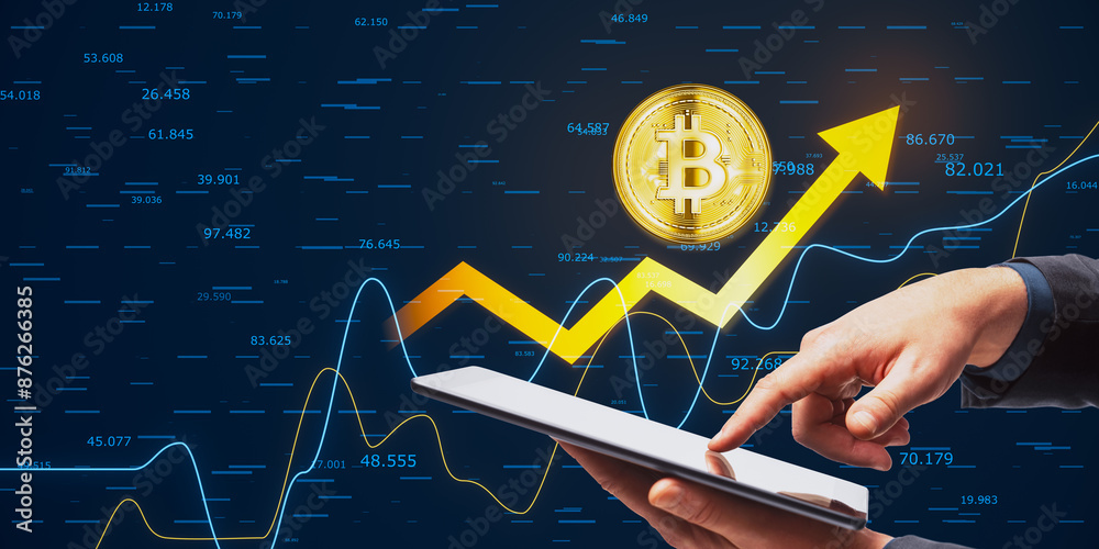 Aufkleber Close up of businessman hand pointing at cellphone with golden bitcoin arrow and index on dark background. Cryptocurrency and financial growth concept.