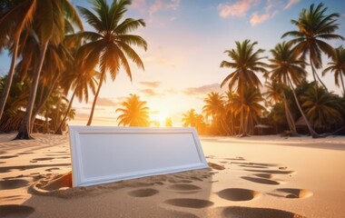 Empty white sign on a tropical beach
