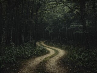 Obraz premium Shadowy forest trails, capturing the mysterious and inviting paths winding through dense, dark woods.