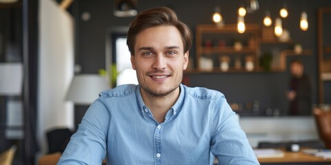 Obraz premium Portrait of a Successful and Confident Young Man in a Blue Shirt Working on a Laptop at Office Desk, Smiling at the Camera, Labor Day Overwork, AI-Generated High-Resolution Wallpaper