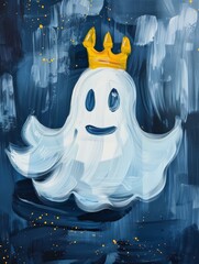 A white ghost with a golden crown floats against a blue, starry background