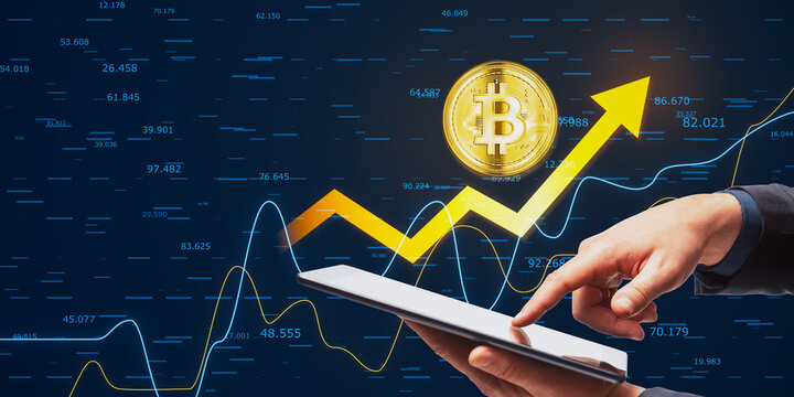 Close up of businessman hand pointing at cellphone with golden bitcoin arrow and index on dark background. Cryptocurrency and financial growth concept.