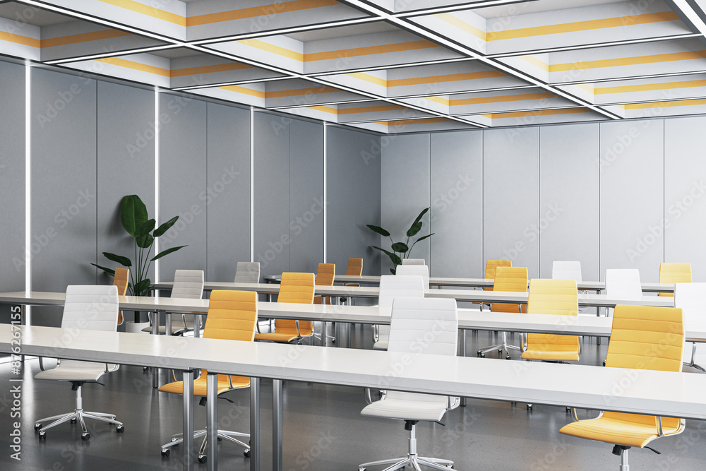 Poster modern gray lecture hall interior with colorful seats. education concept. 3d rendering.