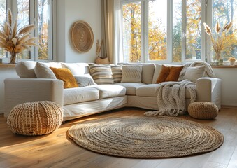 Cozy living room with a white sectional sofa, a large round rug, and a throw blanket