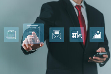Businessman using smartphone with invoice on virtual screen Online digital invoice and statement ideas