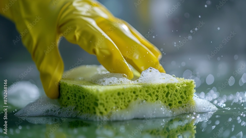 Poster a gloved hand scrubbing a surface with a green cleaning sponge