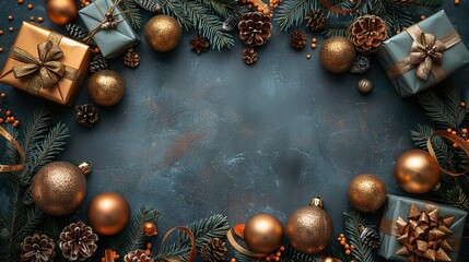 vertical banner features a stylish frame of christmas decorations including elegant bronze baubles,festive gifts on a grey background ideal for your holiday season design merry xmas.illustration