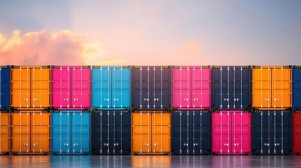 Obraz premium Silhouette of cargo containers at a port, supply chain, global distribution, inventory flow, efficient procurement, resource logistics