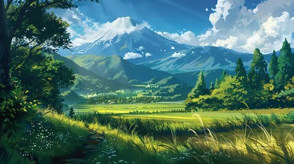 Fototapeta premium Scenic View of a Majestic Mountain Landscape with Vibrant Greenery and a Peaceful River