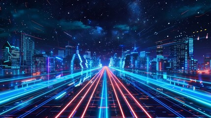 Abstract concept of a futuristic highway extending towards a cityscape under a starry sky, digital world theme, the road lined with neon lights, a smooth and reflective surface, emphasizing speed and 