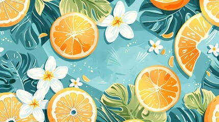 a bunch of oranges and flowers on a blue background