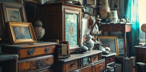 a room with a lot of antique furniture and pictures on the wall