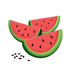 Three slices of juicy colorful watermelon and seeds in the white background. Flat vector juicy fruit EPS10. Watermelon lover Day, vegetarian café, poster. Tasty fresh watermelon picture on the wall
