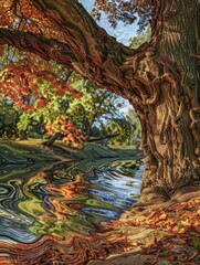 Naklejka premium A thick tree trunk with gnarled branches reflects in the shimmering water of a nearby stream. Autumn leaves fall from the branches