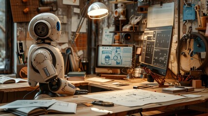 a creative studio where a robot is designing graphics on a computer, symbolizing AI replacing designers