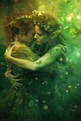 two people hugging in the middle of a green forest