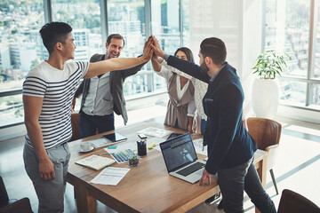 Business people, high five or winning together for success, support or meeting for corporate goals. Mission, group or partnership collaboration for teamwork, target or staff synergy for motivation