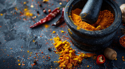 a mortar and pestle grinding vibrant turmeric roots and dried chili peppers, set on a dark stone countertop with scattered spices